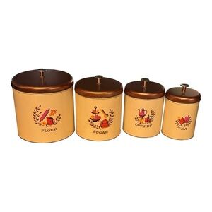 1960s White & Copper 4 Piece Kitchen Canister Set